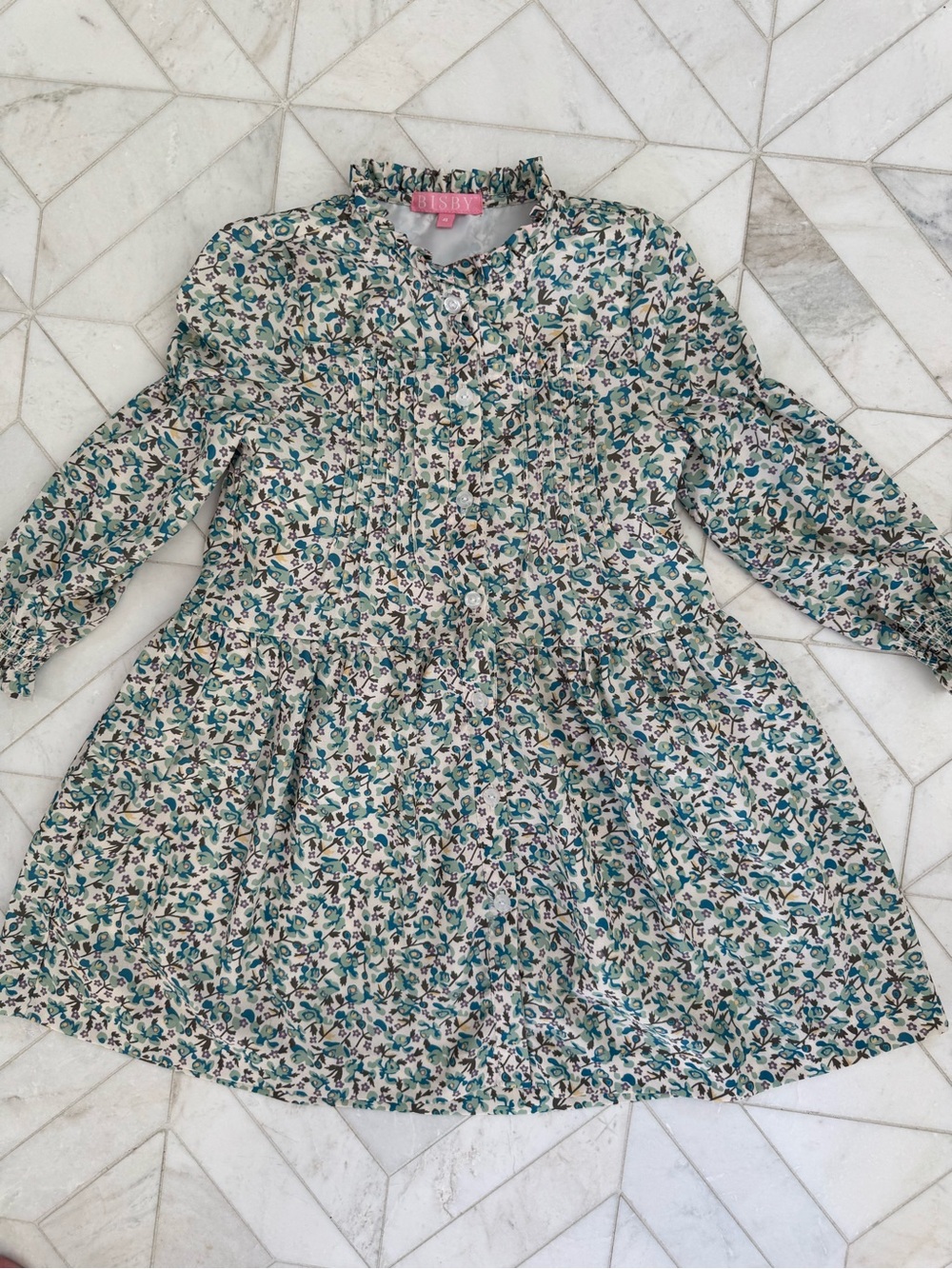 Smocked Floral Long-Sleeve Kids Dress - Cream & Teal